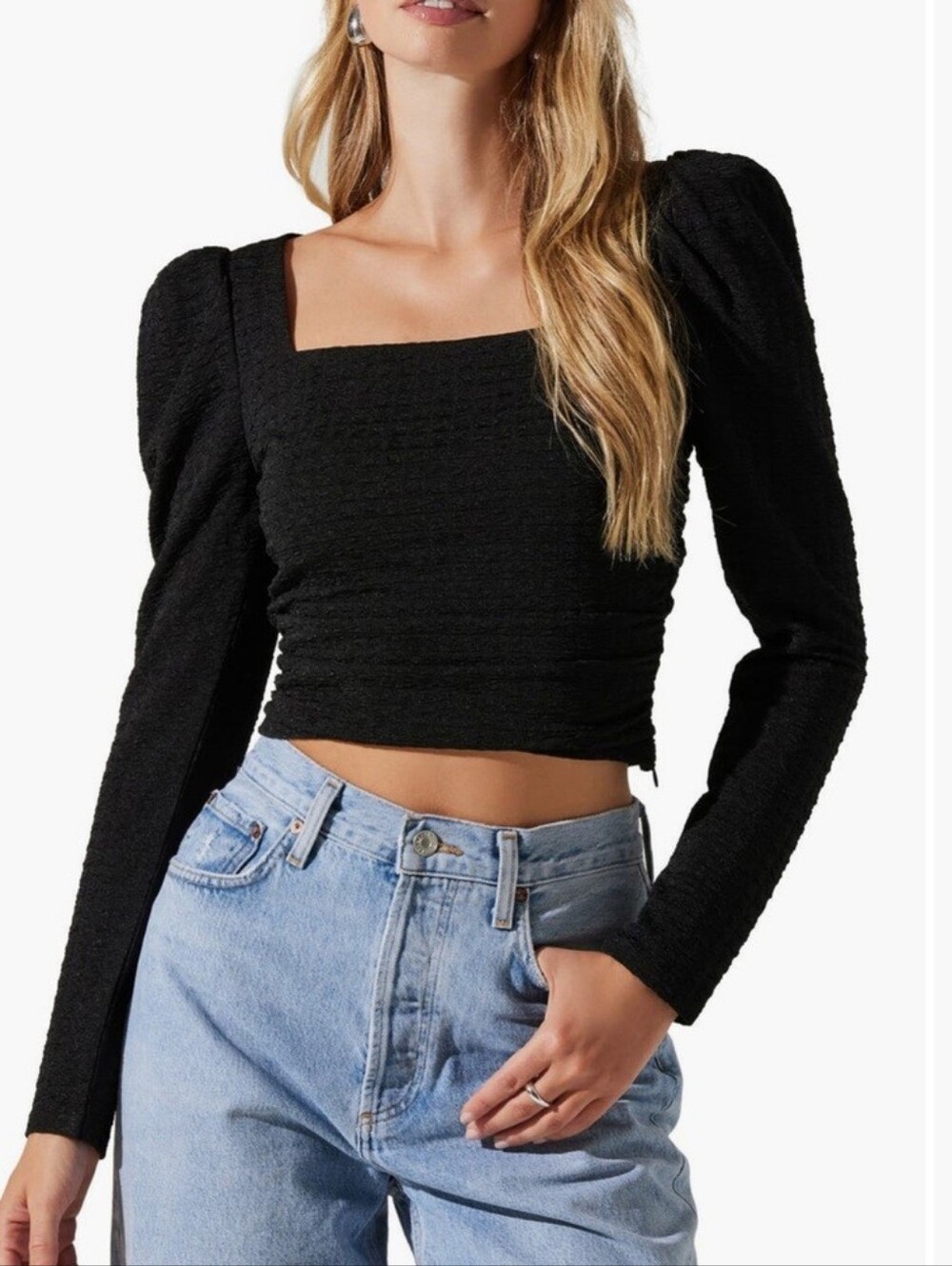 NWT | ASTR the Label Puff Shoulder Textured Crop Top in black